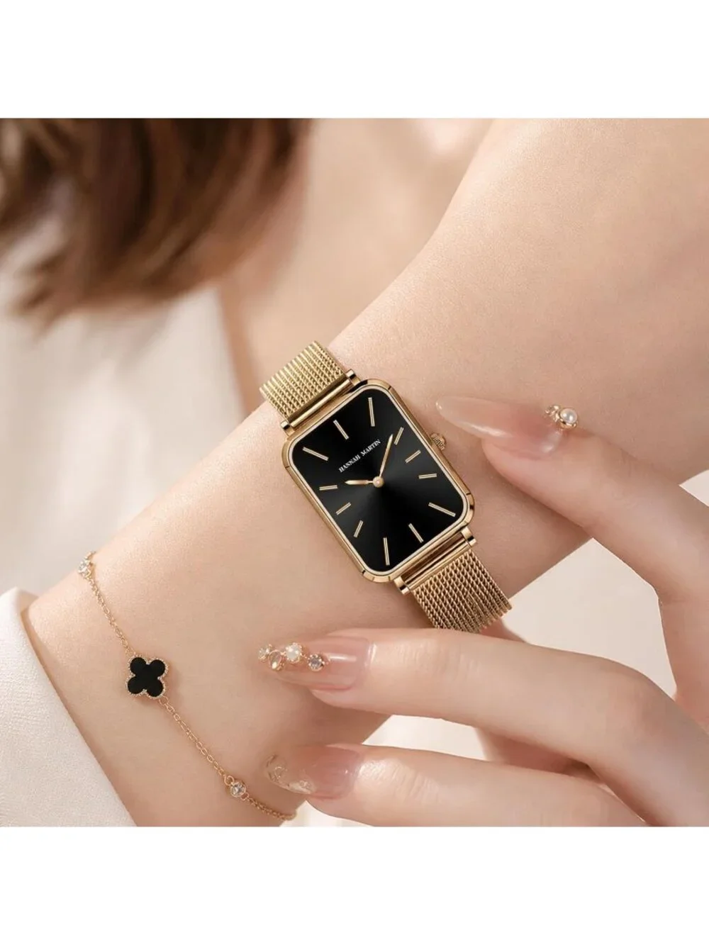 Womens Gold Black Analog Quartz Stainless Steel Vintage Rectangular Luxury Watch